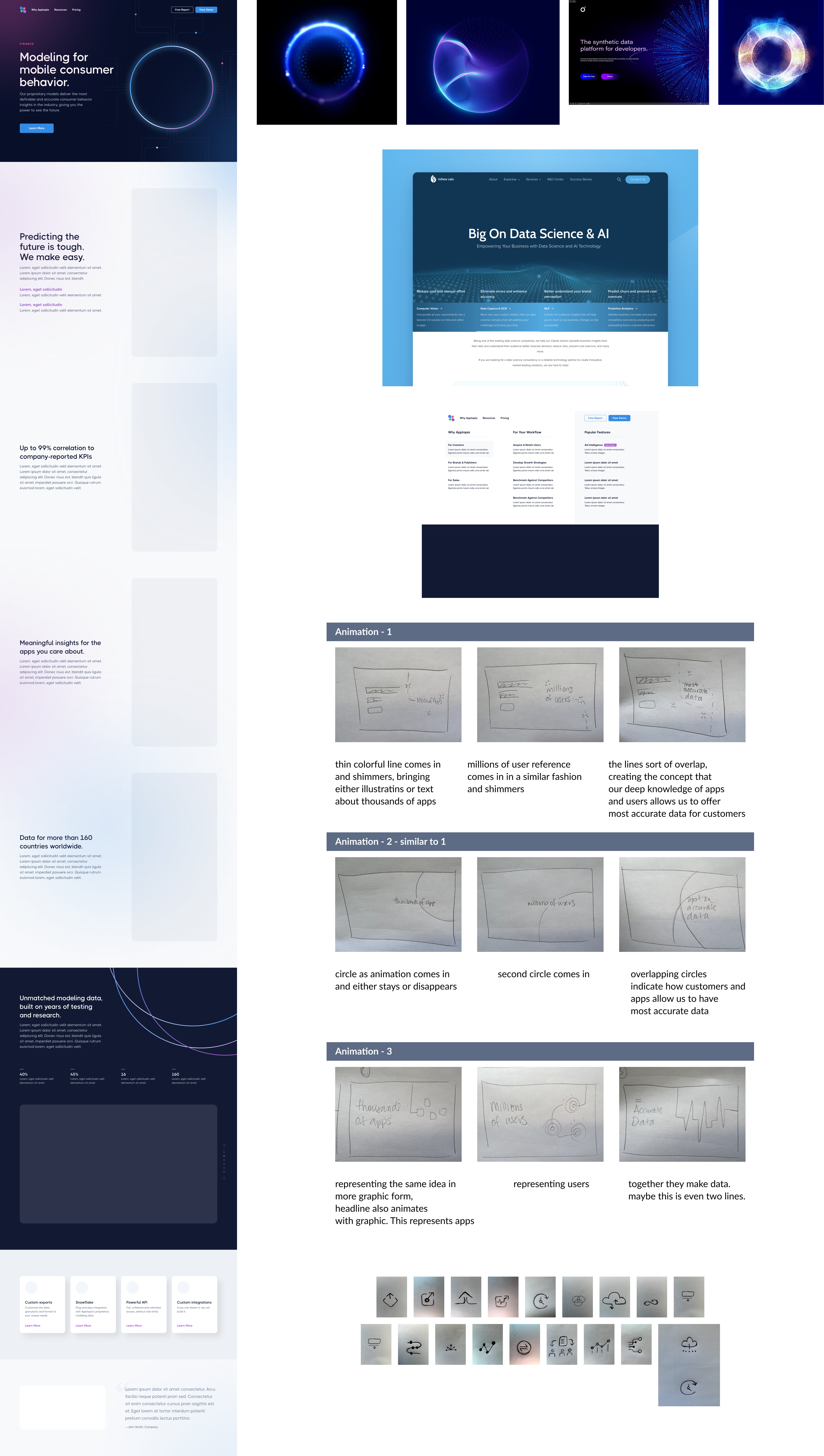 Iterations — navigation, content layout, animation, and iconography