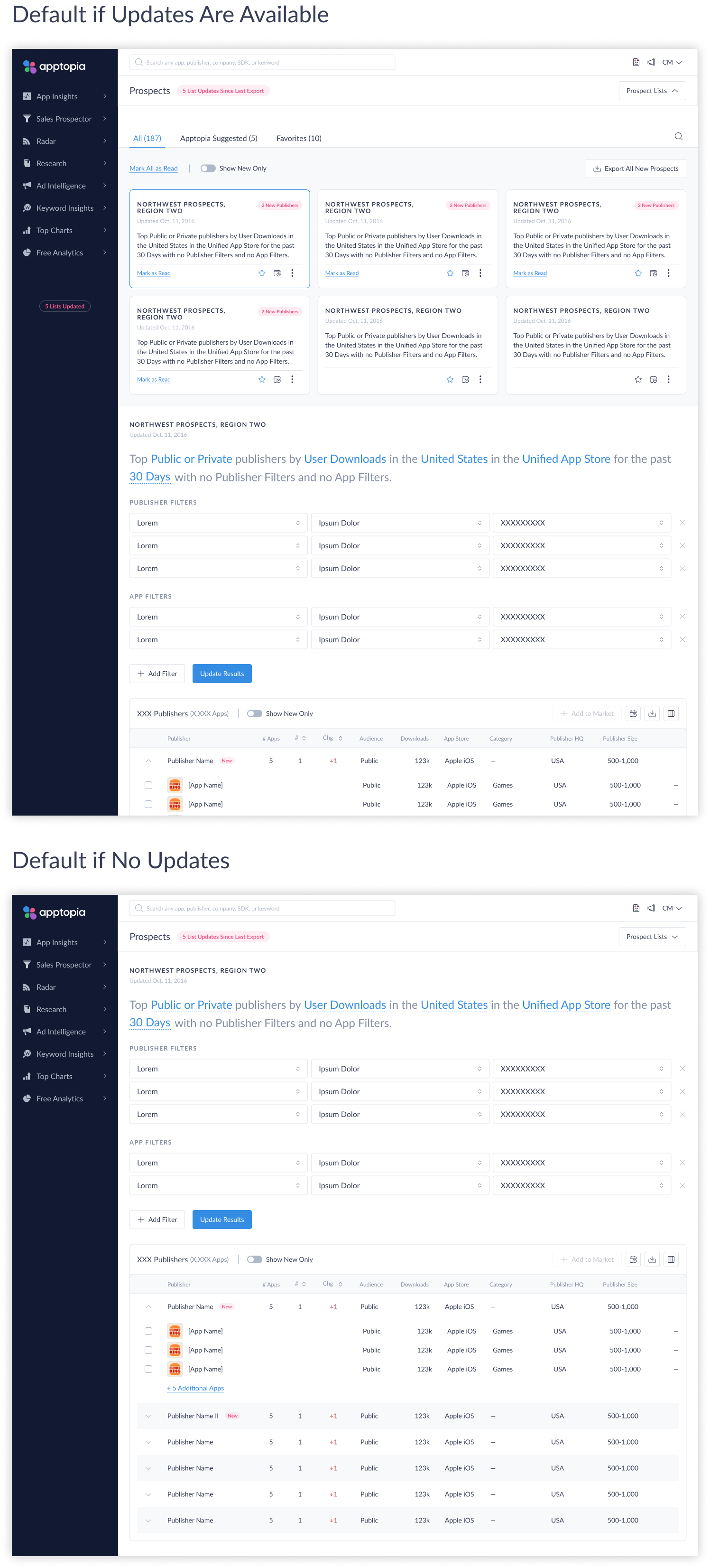 Final design — two states: updates present and default view
