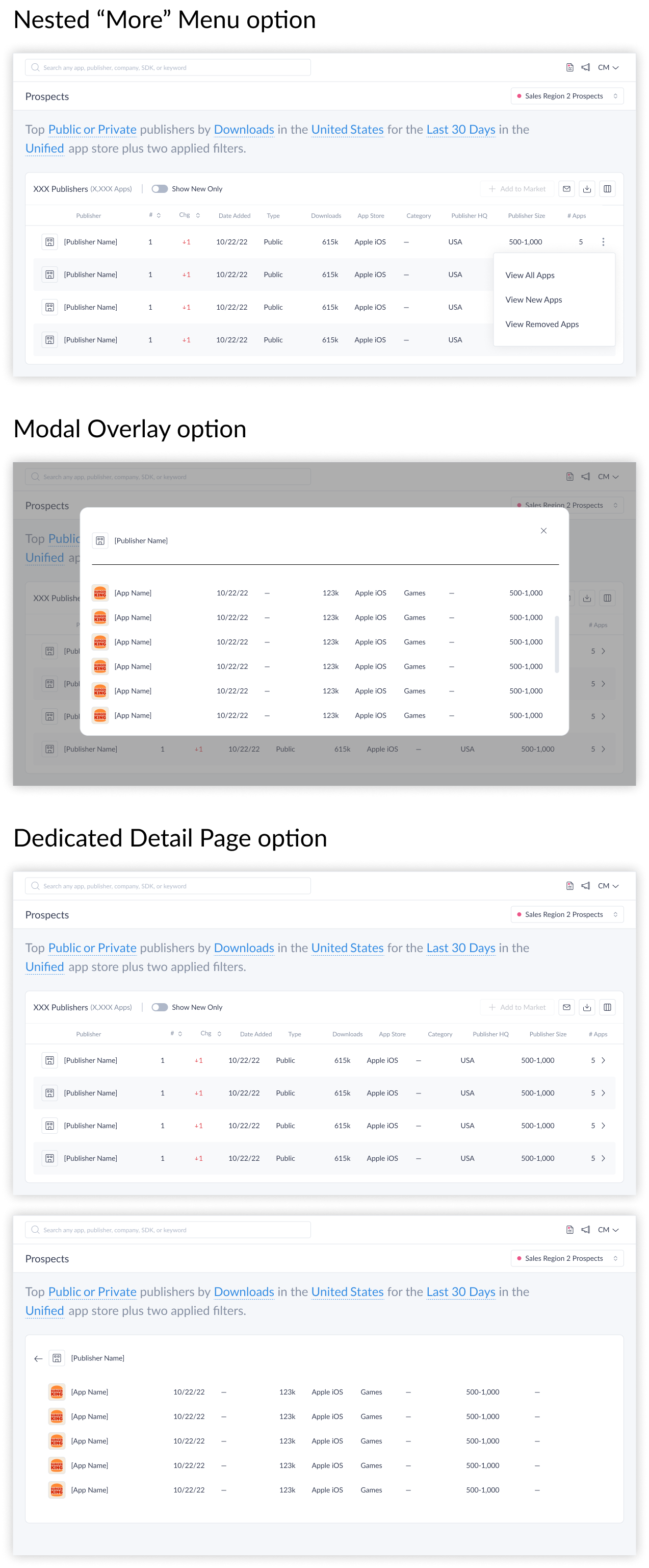 Publisher detail options — more menu, modal, and detail page