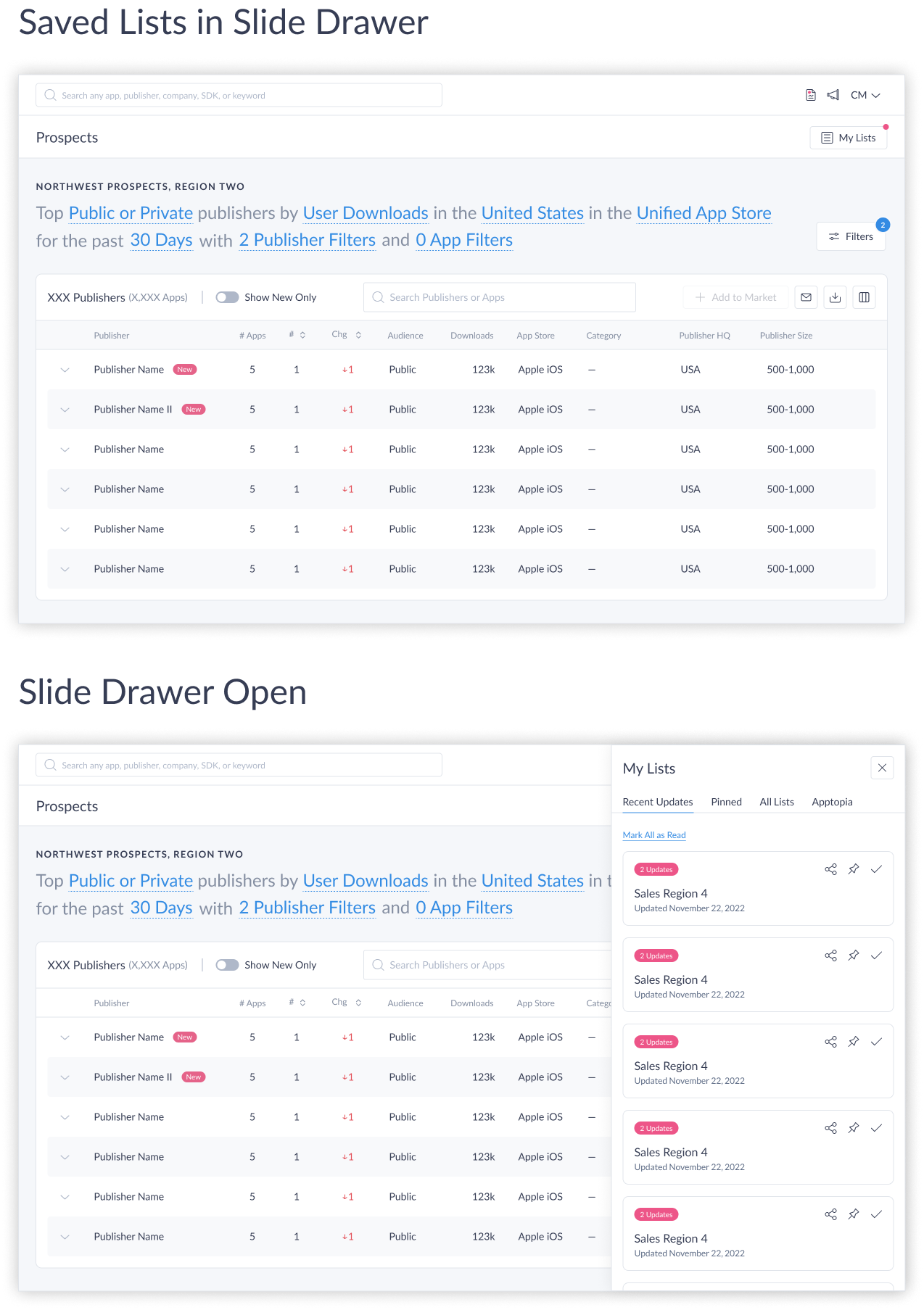 Results table and saved lists panel — exploratory direction