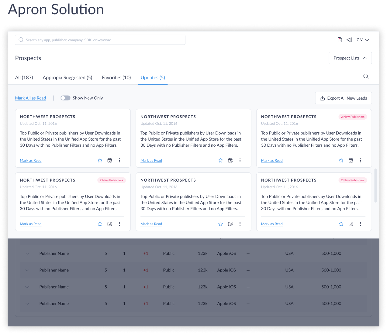Apron UI with tabbed navigation and list card grid